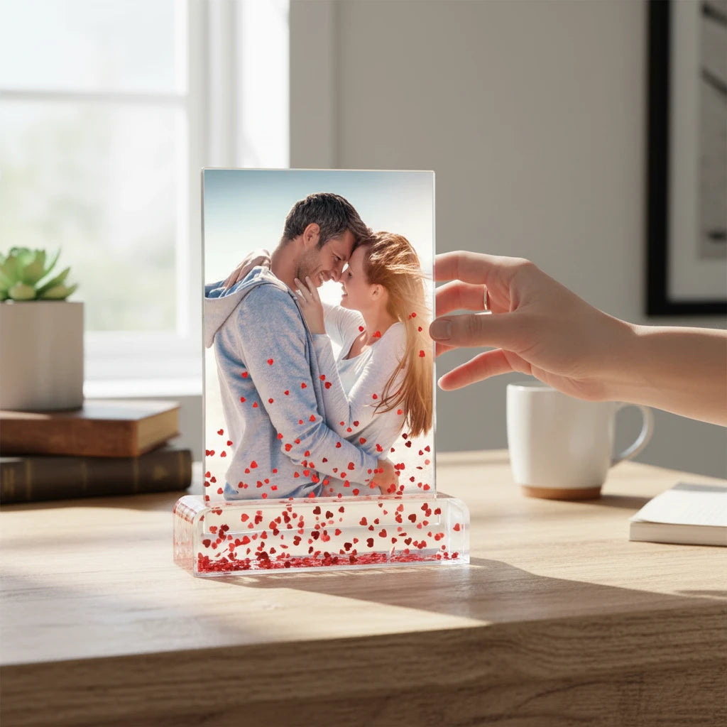 FotoGrafica globo fotografico verticale personalizzato con base trasparente e glitter a forma di cuori rossi