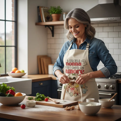 Donna sorridente indossa un grembiule FotoGrafica personalizzato color crema con stampa in cucina