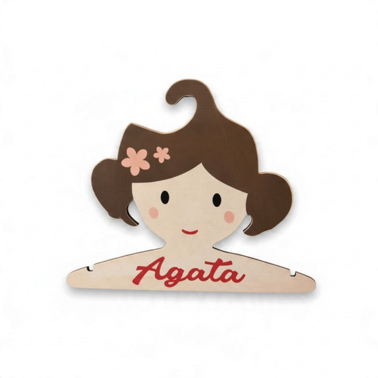 Gruccia personalizzata FotoGrafica per bambini in legno con decorazione a forma di bambina e nome Agata inciso