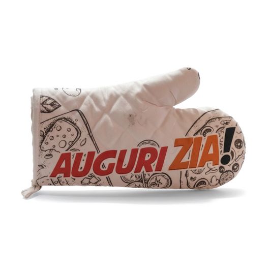 Guanto da forno FotoGrafica personalizzabile in tessuto bianco con stampa grafica a tema pizza e scritta Auguri Zia