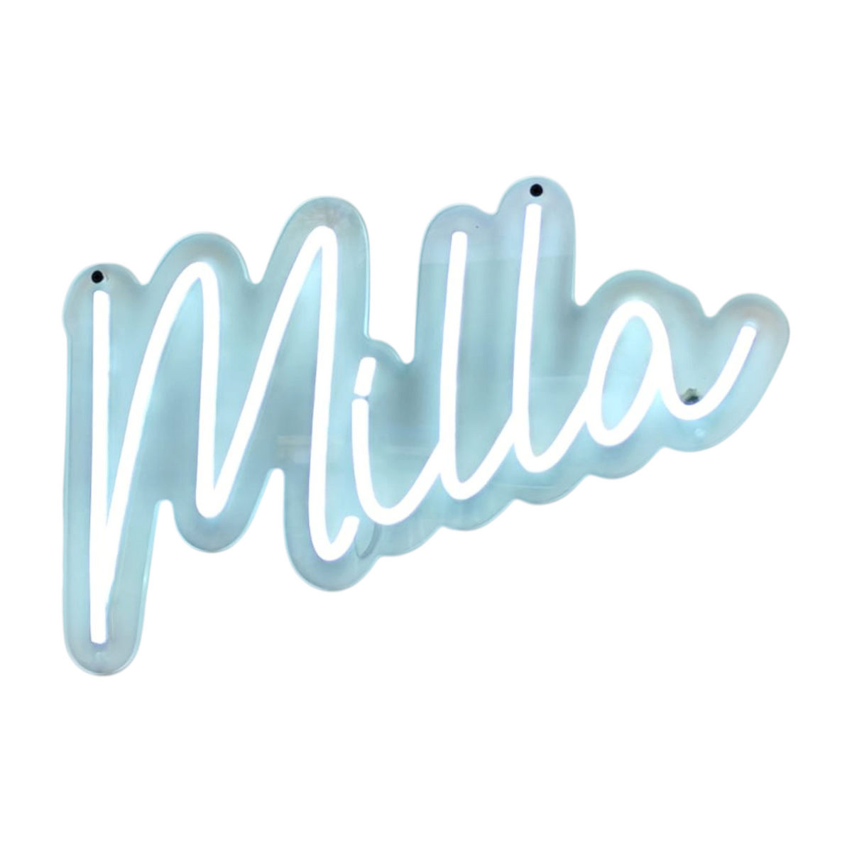 Insegna LED personalizzata FotoGrafica con nome Milla in stile neon bianco montata su parete bianca