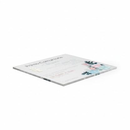 Invito per Prima Comunione FotoGrafica in plexiglass trasparente con decorazioni floreali rosa e azzurre