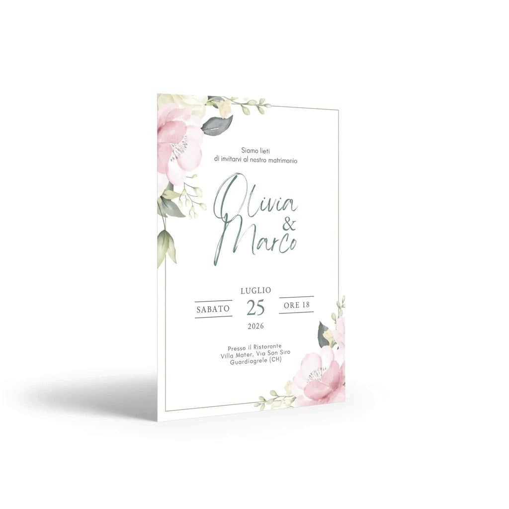 Invito personalizzato FotoGrafica su cartoncino bianco con decorazioni floreali ad acquerello per matrimoni