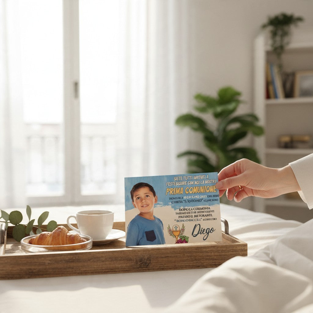 Invito personalizzato FotoGrafica per Prima Comunione con foto di bambino, dettagli cerimonia e decorazioni religiose