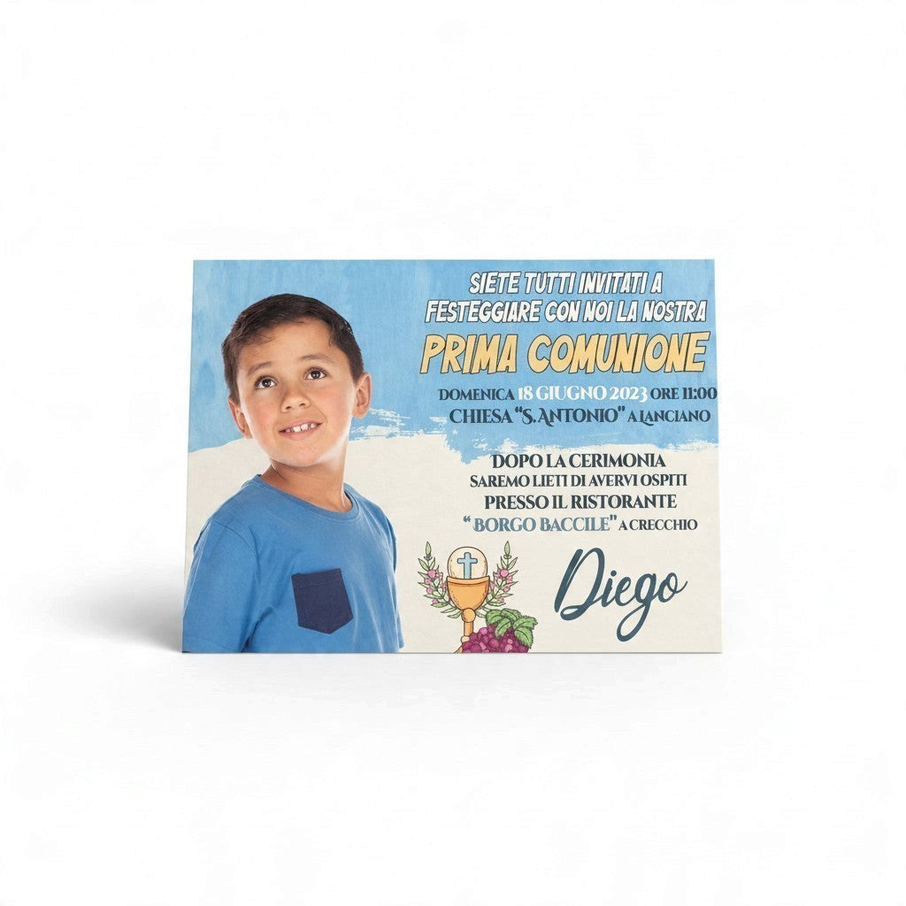 Invito personalizzato FotoGrafica per Prima Comunione con foto di bambino su cartoncino bianco di alta qualità