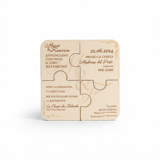 Invito puzzle creativo in legno FotoGrafica per matrimonio con dettagli incisi e nomi degli sposi