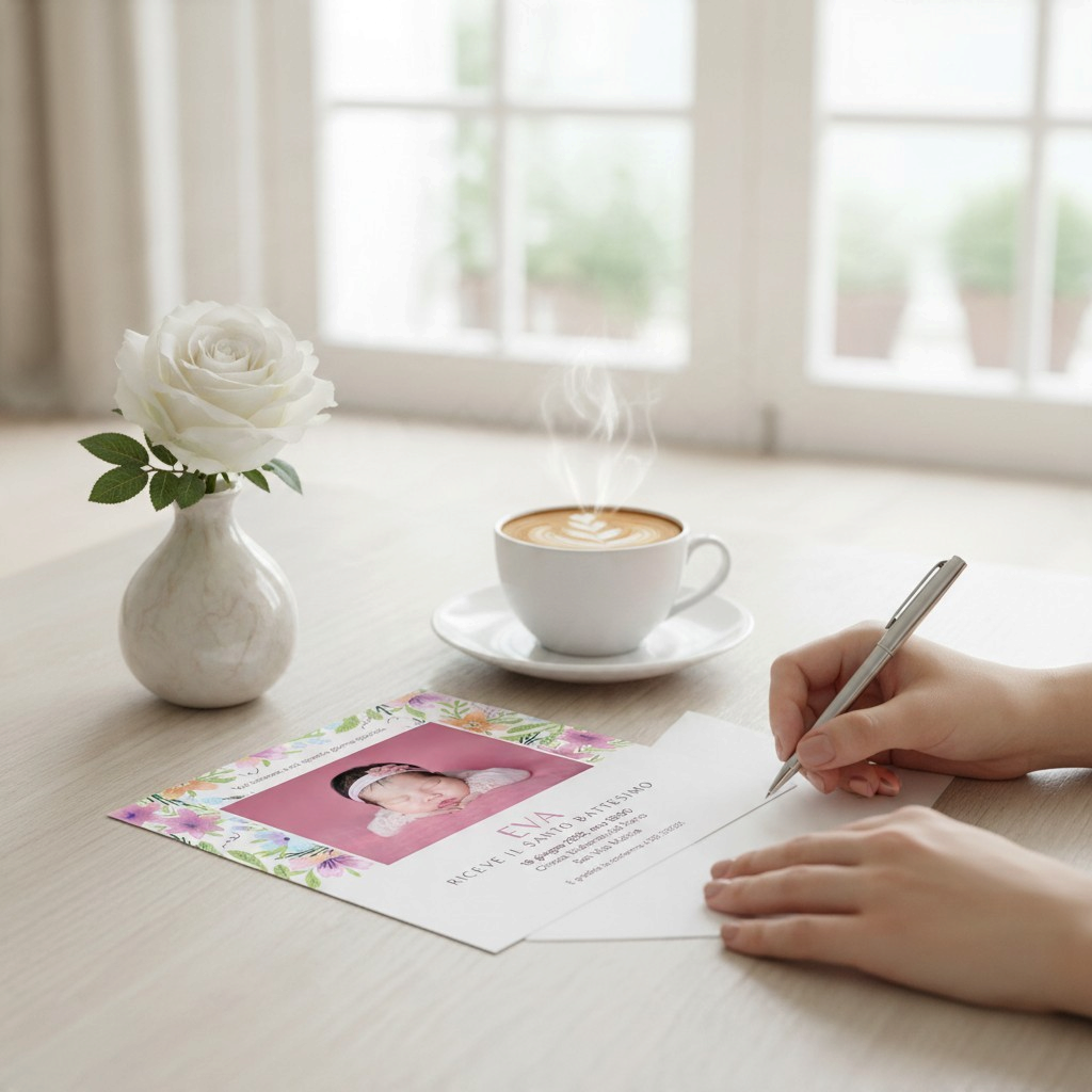 Invito quadrato personalizzato FotoGrafica con foto di neonato, decorazioni floreali e busta su tavolo in legno