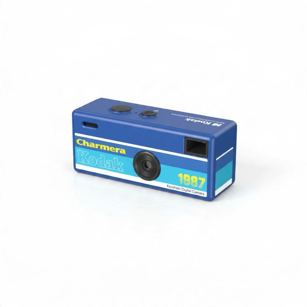 Fotocamera digitale portachiavi FotoGrafica Kodak Charmera blu con design vintage e dettagli grafici gialli e bianchi