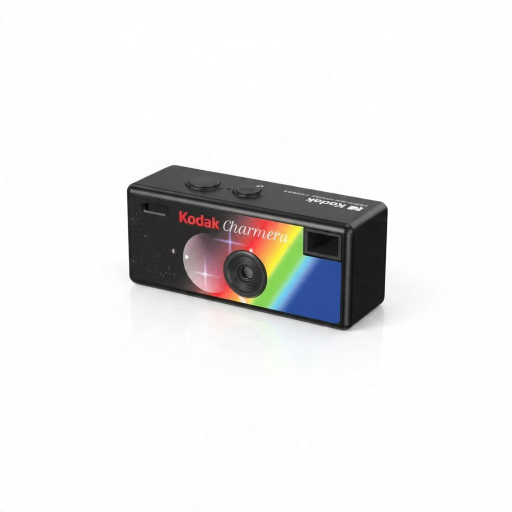 Fotocamera digitale portachiavi FotoGrafica Kodak Charmera nera con design arcobaleno e stelle stile vintage