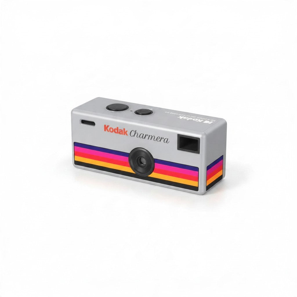Fotocamera digitale portachiavi Kodak Charmera FotoGrafica color argento con iconiche strisce colorate vintage