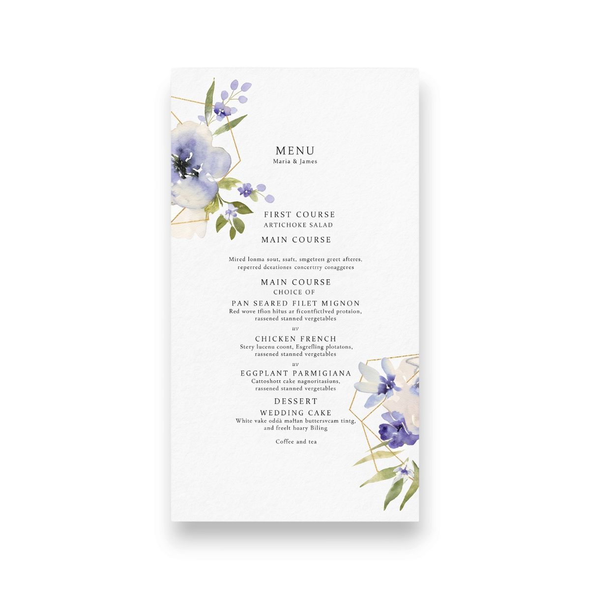 Menù per eventi FotoGrafica personalizzato con decorazioni floreali blu e dettagli geometrici dorati su carta pregiata