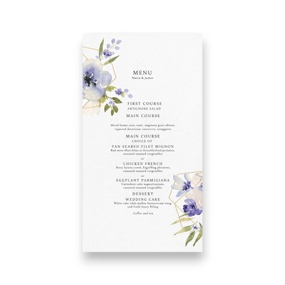Menù per eventi FotoGrafica personalizzato con decorazioni floreali blu e dettagli geometrici dorati su carta pregiata