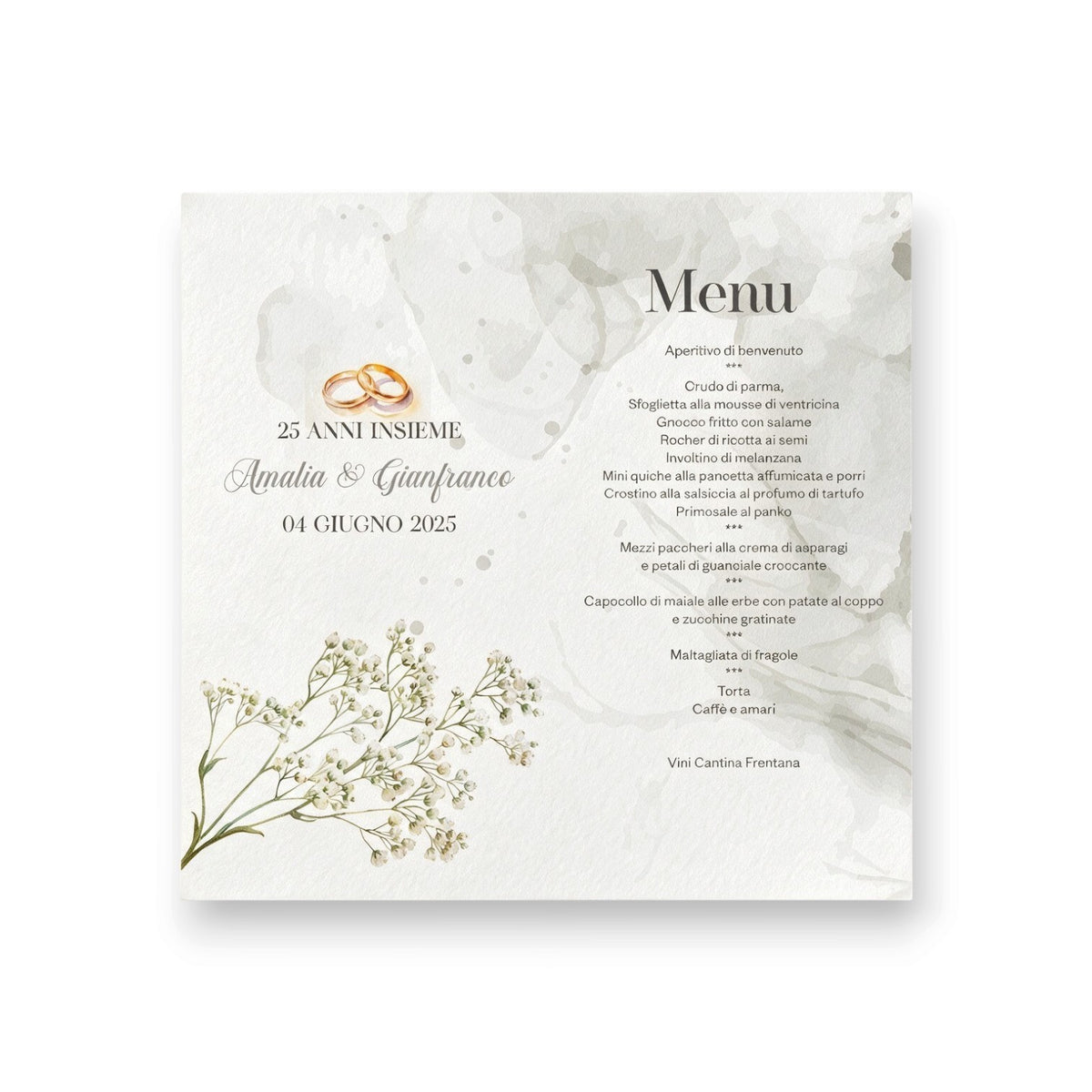 Menu coordinato per matrimonio FotoGrafica con decorazione floreale, fedi nuziali e dettagli eleganti su carta bianca