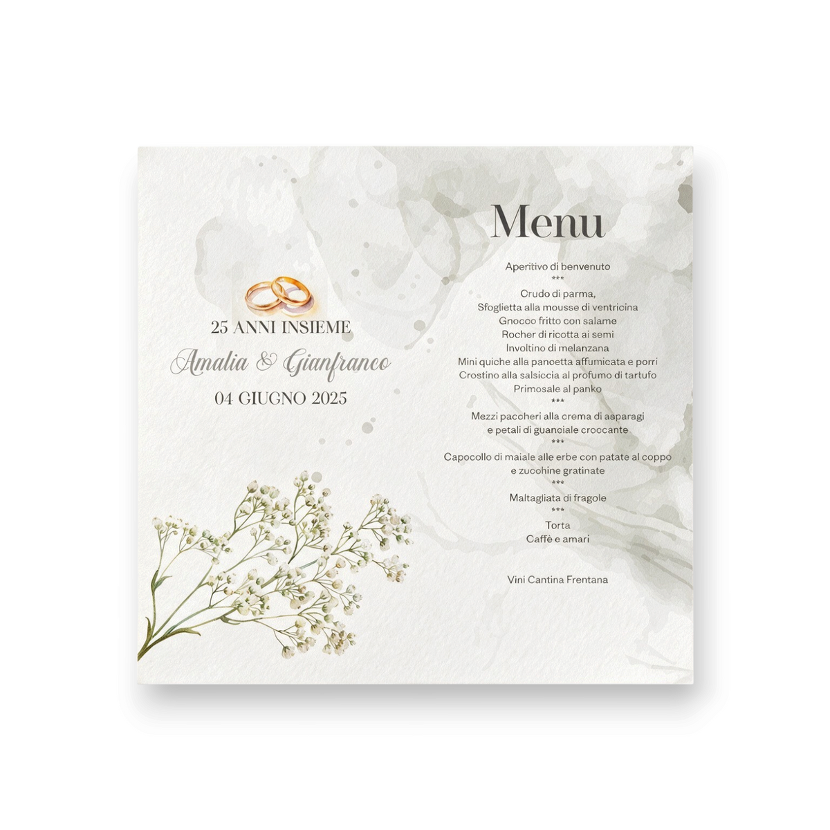 Menu di nozze FotoGrafica con decorazioni floreali, fedi nuziali e design elegante su carta pregiata