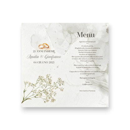 Menù pieghevole personalizzato FotoGrafica per matrimonio con decorazioni floreali, fedi nuziali e sfondo acquerello