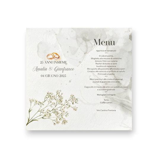 Menù pieghevole personalizzato FotoGrafica per matrimonio con decorazioni floreali, fedi nuziali e sfondo acquerello
