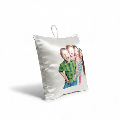 Mini cuscino FotoGrafica personalizzabile con stampa fotografica di bambini su tessuto bianco lucido