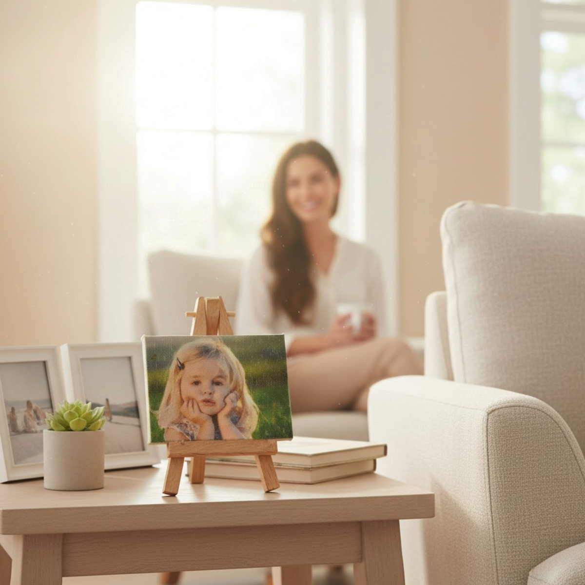 Mini tela fotografica personalizzata FotoGrafica su cavalletto in legno, posizionata su un tavolino in un salotto.