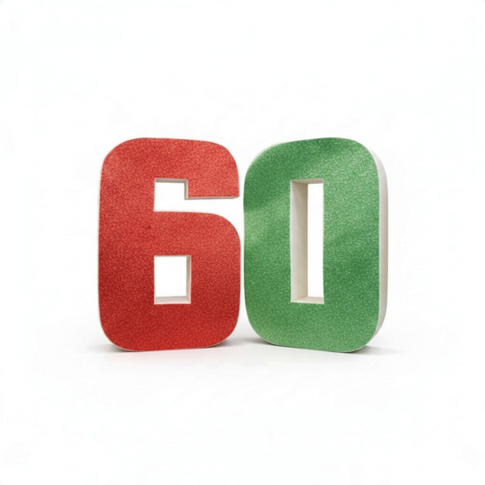 Decorazione FotoGrafica numero 60 glitterato rosso e verde per allestimento compleanno o anniversario