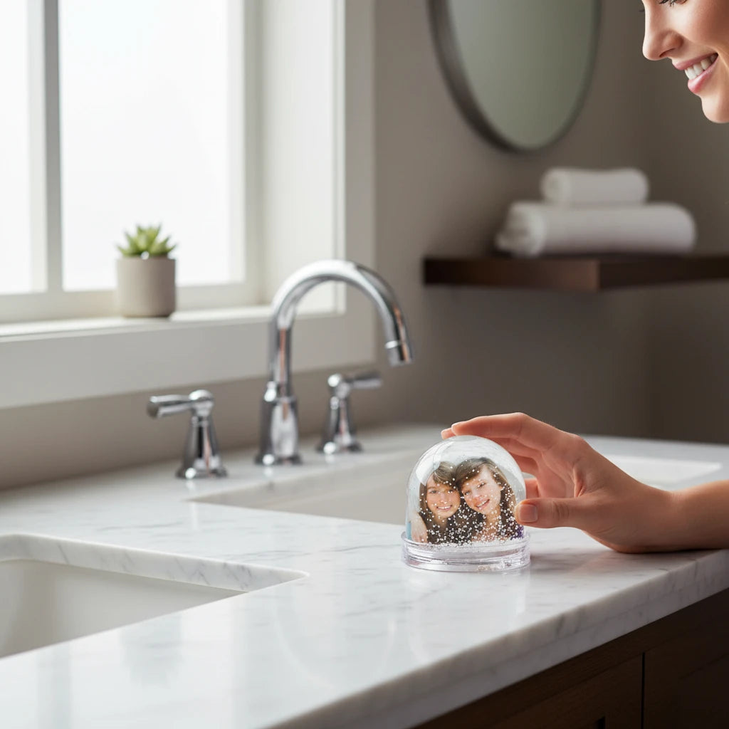 Palla di neve personalizzata con foto FotoGrafica tenuta in mano da una donna su un piano bagno in marmo