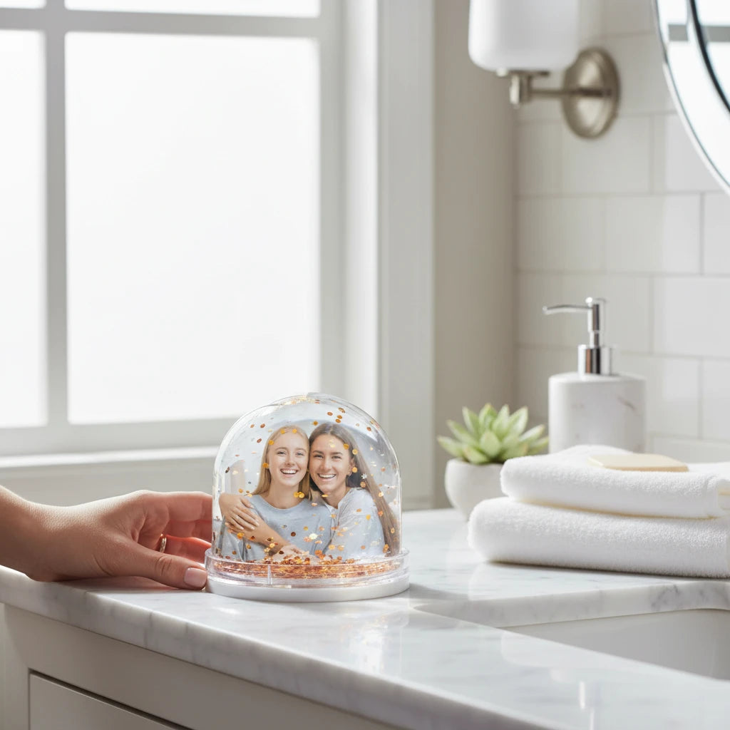 Palla di Neve Personalizzata con Foto FotoGrafica con glitter dorati su un piano in marmo in un bagno luminoso