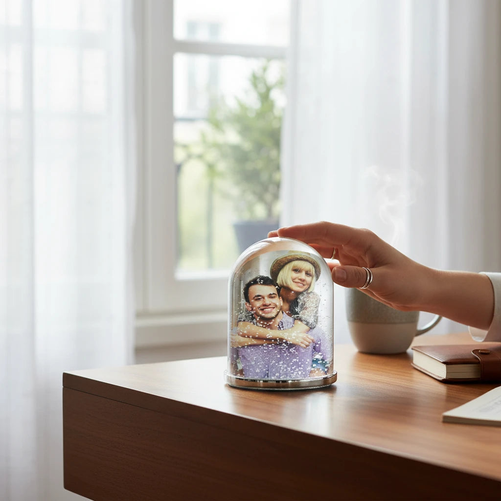 Palla di neve FotoGrafica XXL personalizzata con foto di coppia e glitter su scrivania in legno