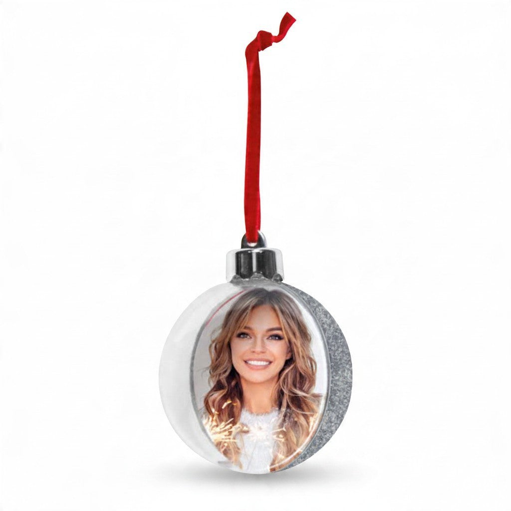 Pallina di Natale FotoGrafica argento a forma di fiocco di neve con foto personalizzata e nastro rosso per albero