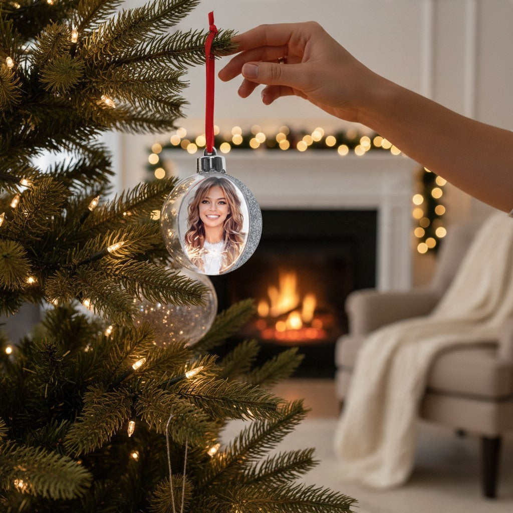 Pallina di Natale FotoGrafica Photo Snow Flake argento 10x10 cm con foto personalizzata appesa all'albero