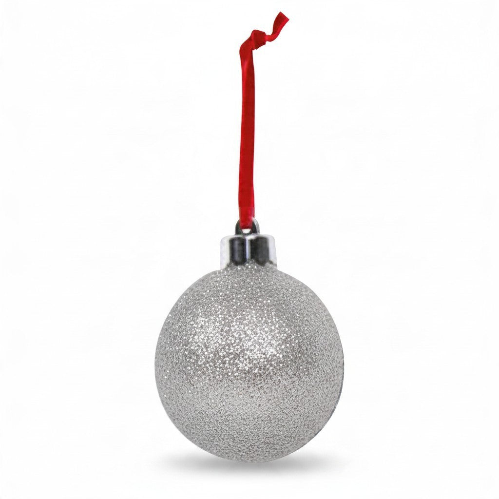 Pallina di Natale FotoGrafica argento glitterata con nastro rosso per foto personalizzabile da 10x10 cm