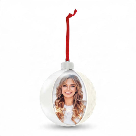 Pallina di Natale FotoGrafica Photo Diamond White 10x10 cm bianca con foto personalizzata e nastro rosso