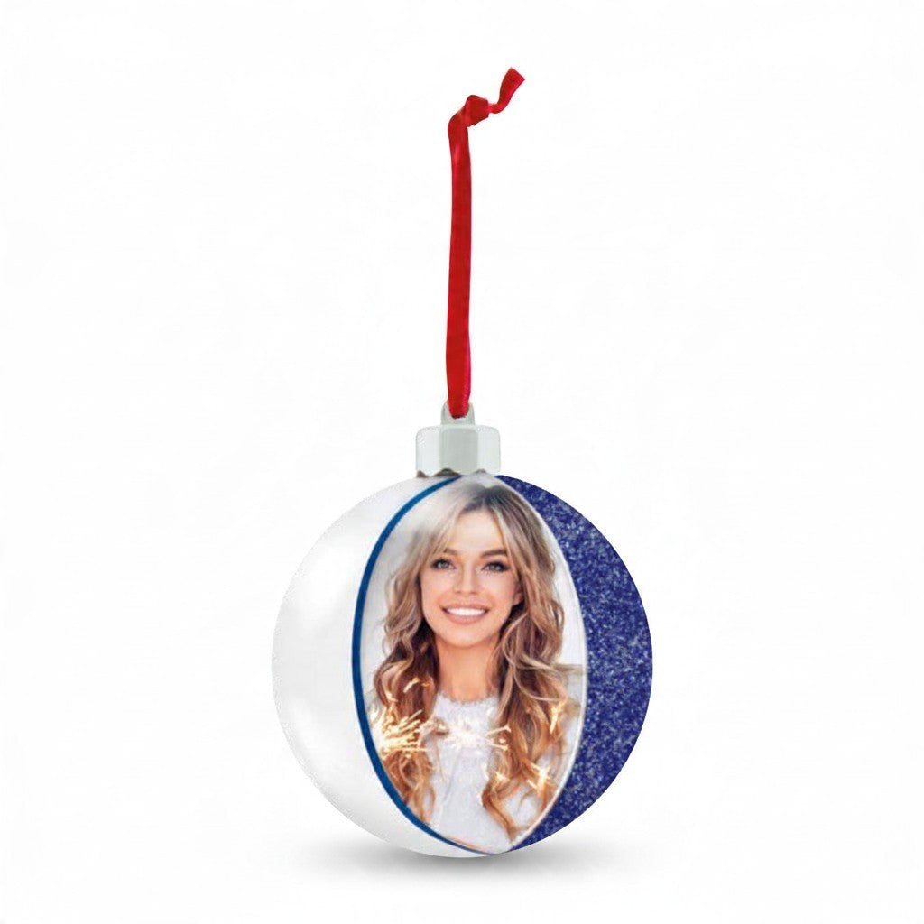 Pallina di Natale FotoGrafica blu con glitter e spazio per foto personalizzata, decorazione natalizia 10x10 cm
