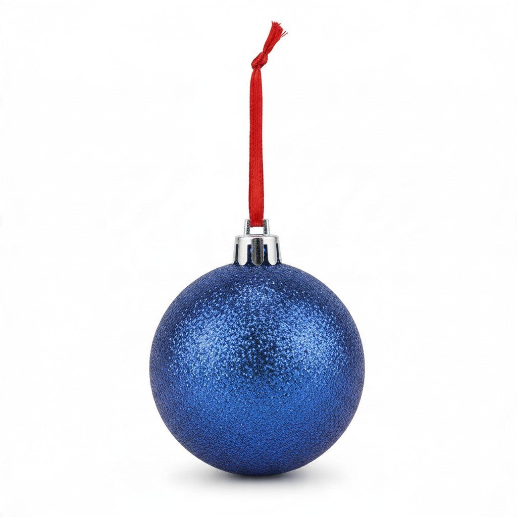 Pallina di Natale FotoGrafica blu glitterata con laccetto rosso per albero, 10x10 cm personalizzabile