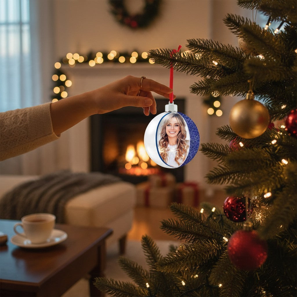 Pallina di Natale FotoGrafica blu con foto personalizzata appesa all'albero di Natale in un accogliente salotto