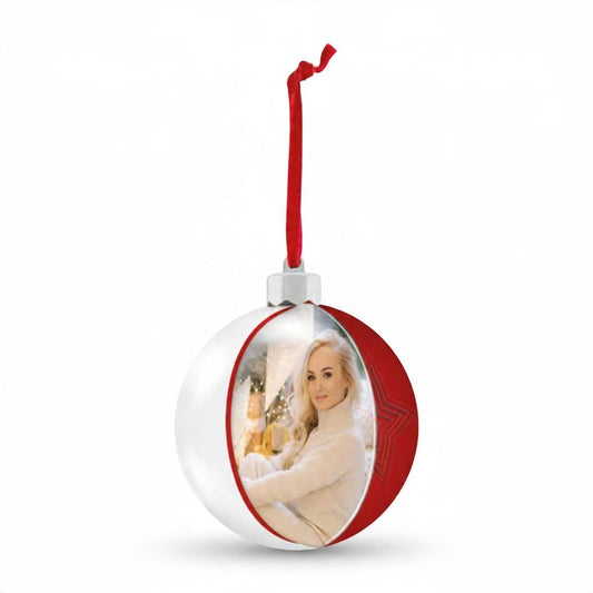 Pallina di Natale FotoGrafica rossa e bianca a forma di stella con foto personalizzata e nastro rosso per albero