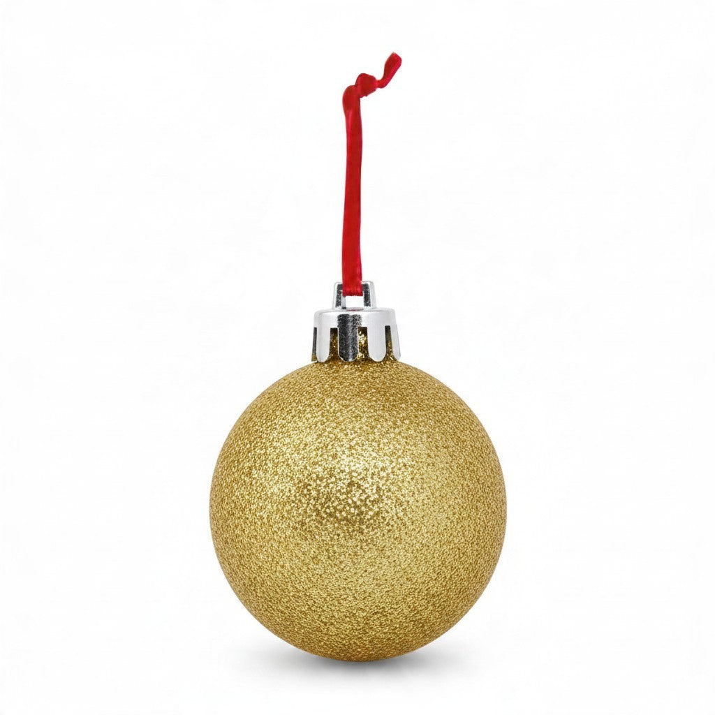 Pallina di Natale FotoGrafica dorata glitterata con nastro rosso per decorazione albero personalizzabile 10x10 cm