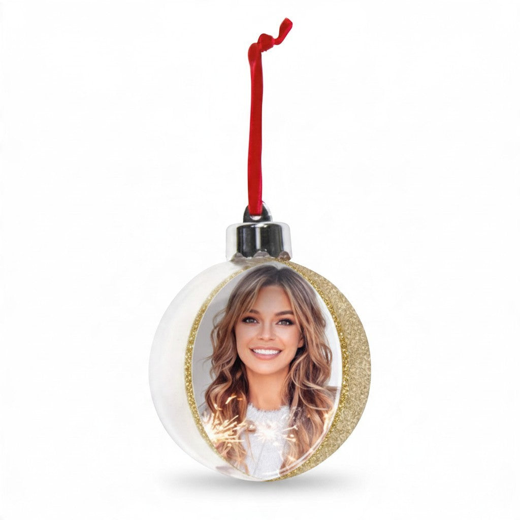 Pallina di Natale FotoGrafica dorata 10x10 cm con foto personalizzata e nastro rosso per albero di Natale