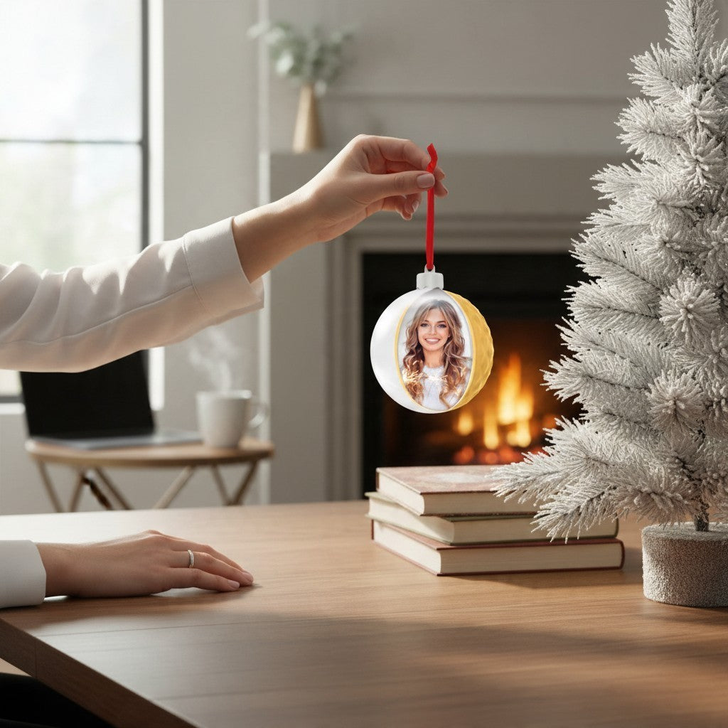 Pallina di Natale FotoGrafica Photo Diamond Gold 10x10 cm con foto personalizzata appesa vicino a un albero innevato