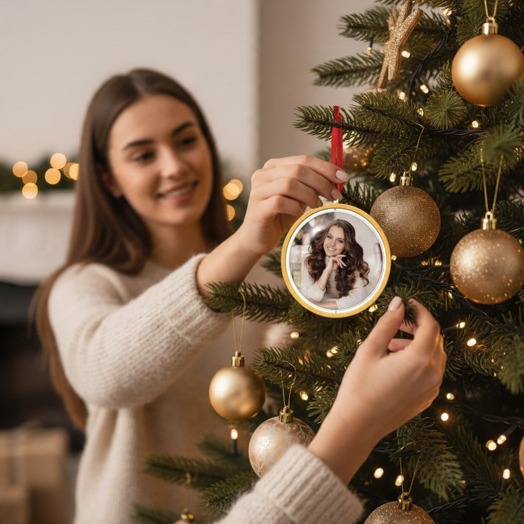 Donna appende una pallina di Natale FotoGrafica dorata personalizzabile con foto all'albero di Natale