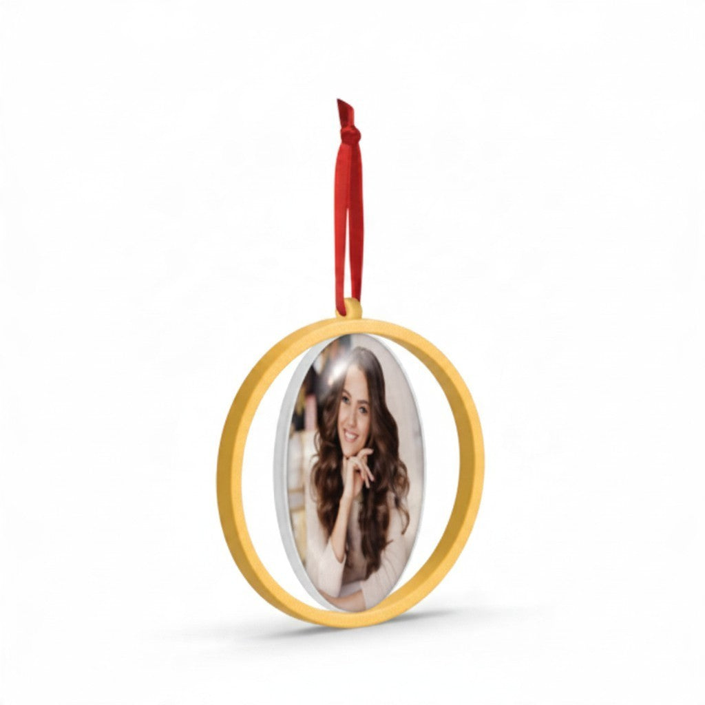 Pallina di Natale FotoGrafica Christmas Twist Big Gold 10x10 cm con foto personalizzata e nastro rosso