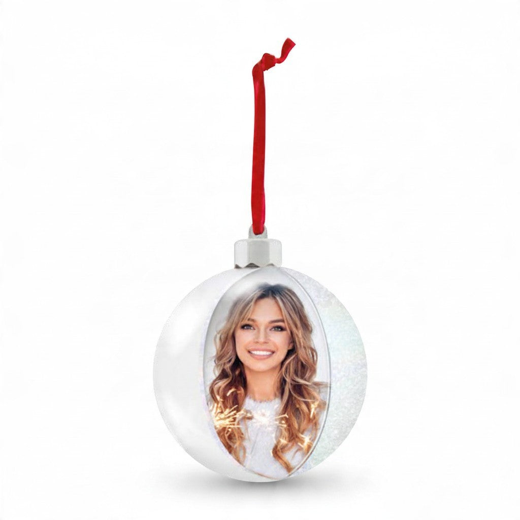 Pallina di Natale FotoGrafica bianca con fiocco di neve e foto personalizzata, decorazione da 10x10 cm con nastro rosso