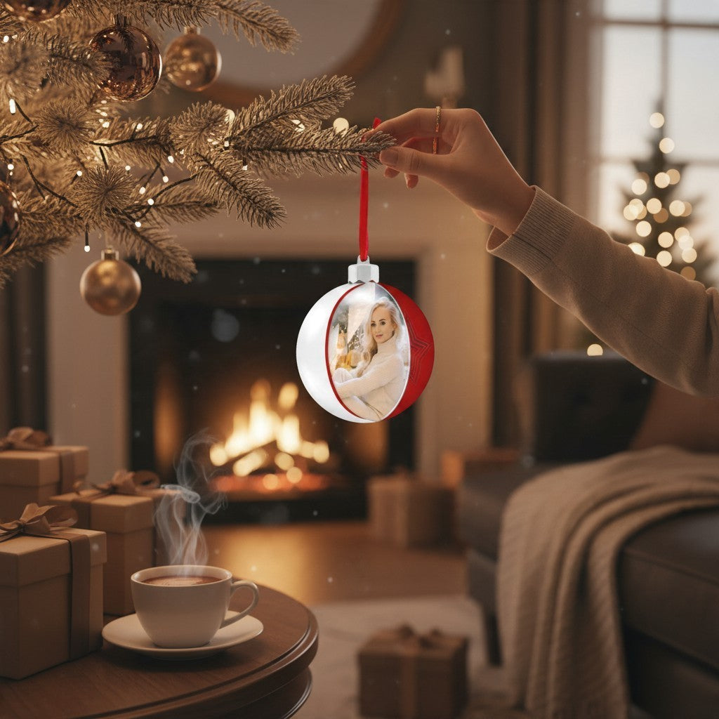 Pallina di Natale FotoGrafica rossa e bianca a forma di stella con foto personalizzata appesa all'albero di Natale