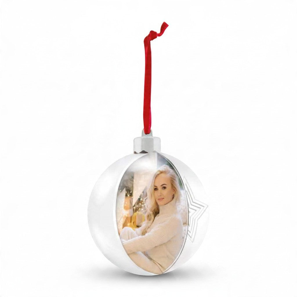 Pallina di Natale FotoGrafica bianca a forma di stella con foto personalizzata e nastro rosso per albero di Natale