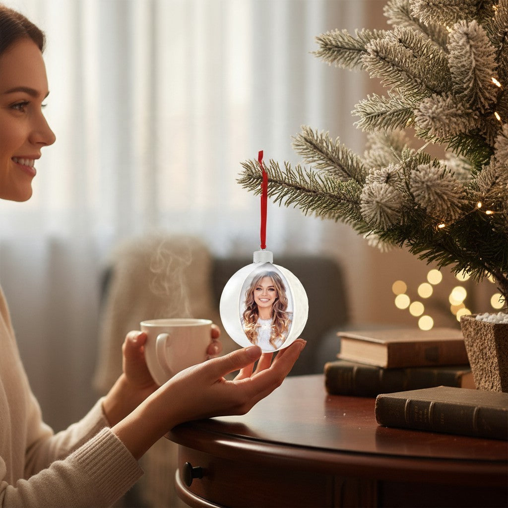 Donna che tiene una pallina di Natale FotoGrafica Photo Diamond White personalizzabile con foto su albero addobbato