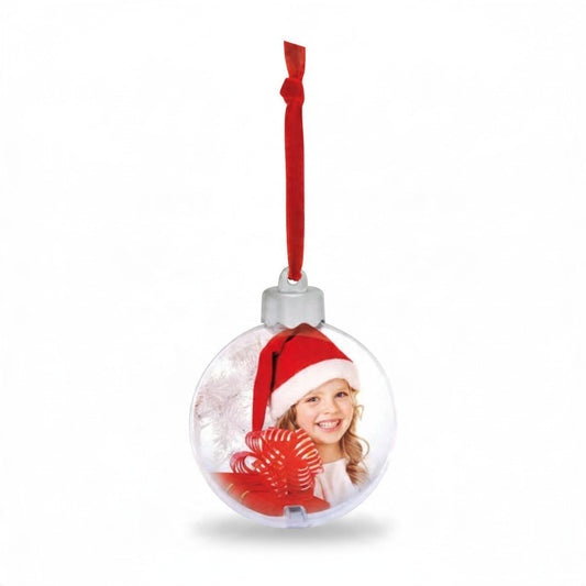 Pallina di Natale FotoGrafica trasparente con foto personalizzata e nastro rosso per decorazione albero 10x10 cm