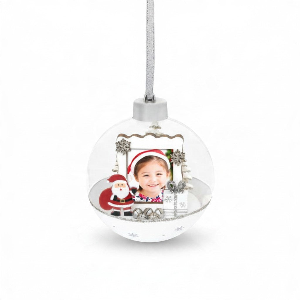 Pallina di Natale FotoGrafica in legno con cornice per foto 3,5x4,5 cm, decorata con Babbo Natale e dettagli glitter