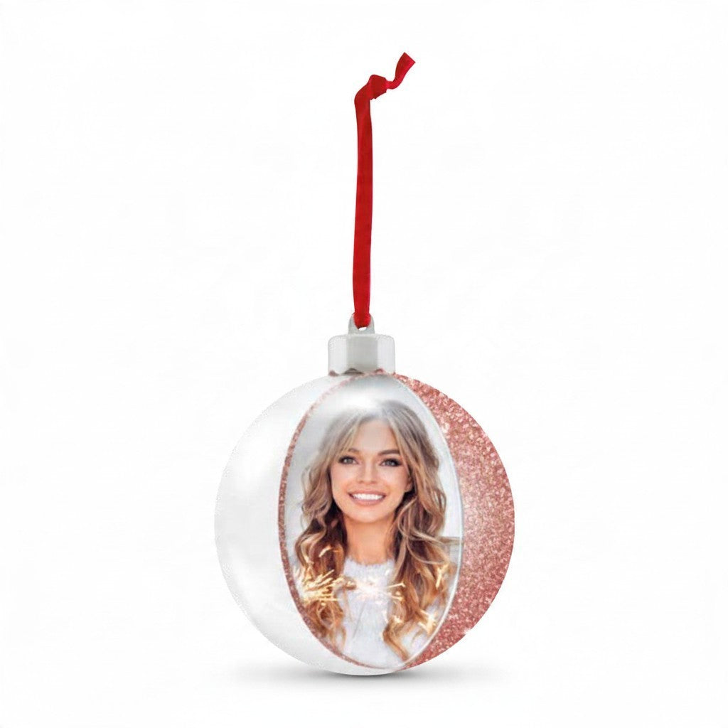 Pallina di Natale FotoGrafica rosa glitterata personalizzabile con foto, decorazione per albero 10x10 cm