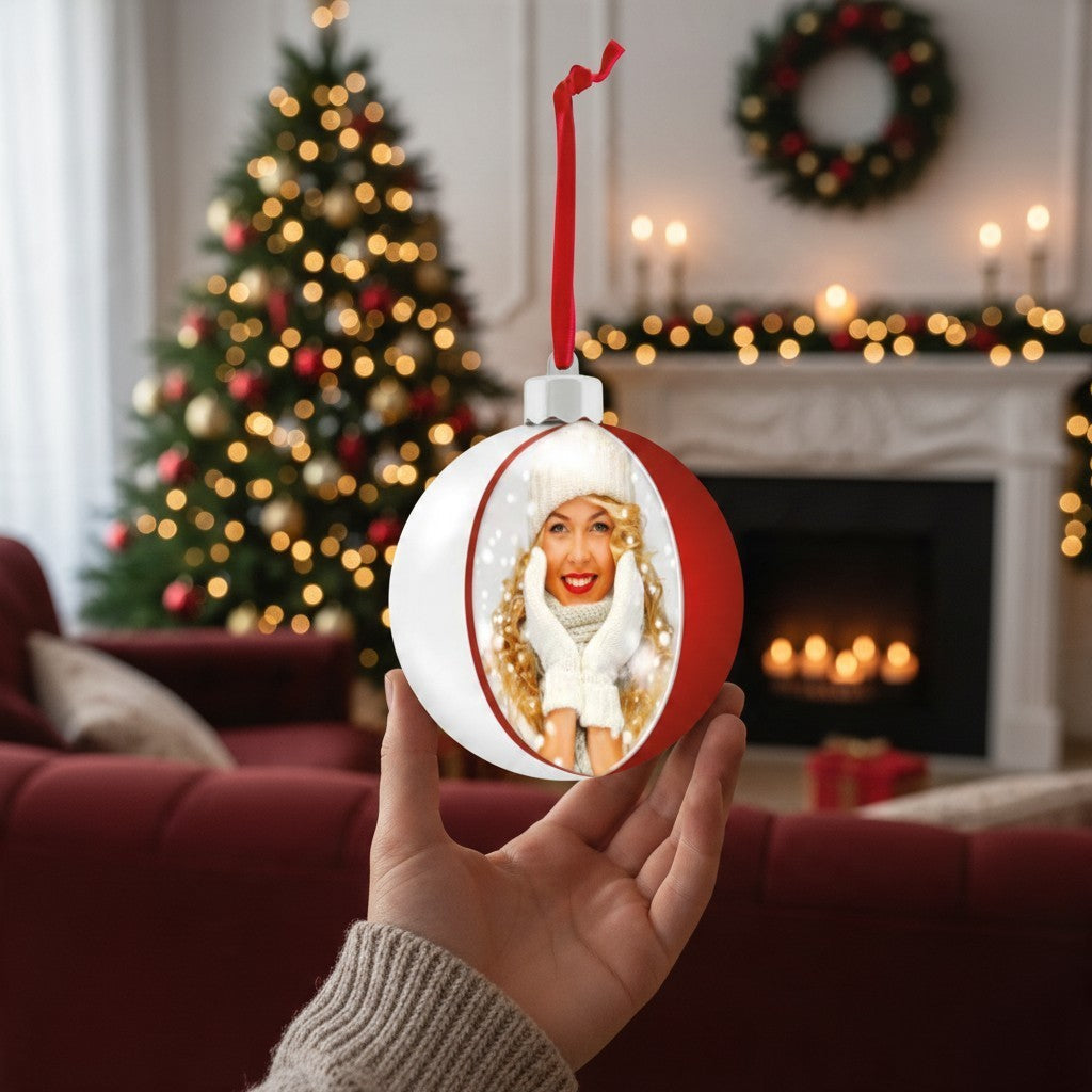 Pallina di Natale FotoGrafica rossa in raso 10x10 cm con foto personalizzata, ideale per decorare l'albero di Natale.