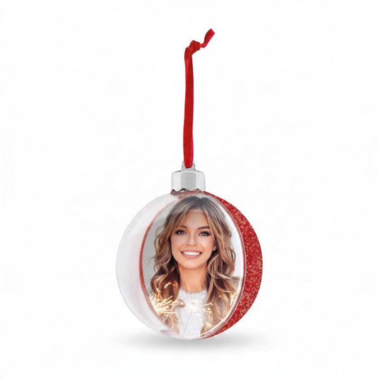 Pallina di Natale FotoGrafica rossa con fiocco di neve e foto personalizzata, decorazione da 10x10 cm per albero