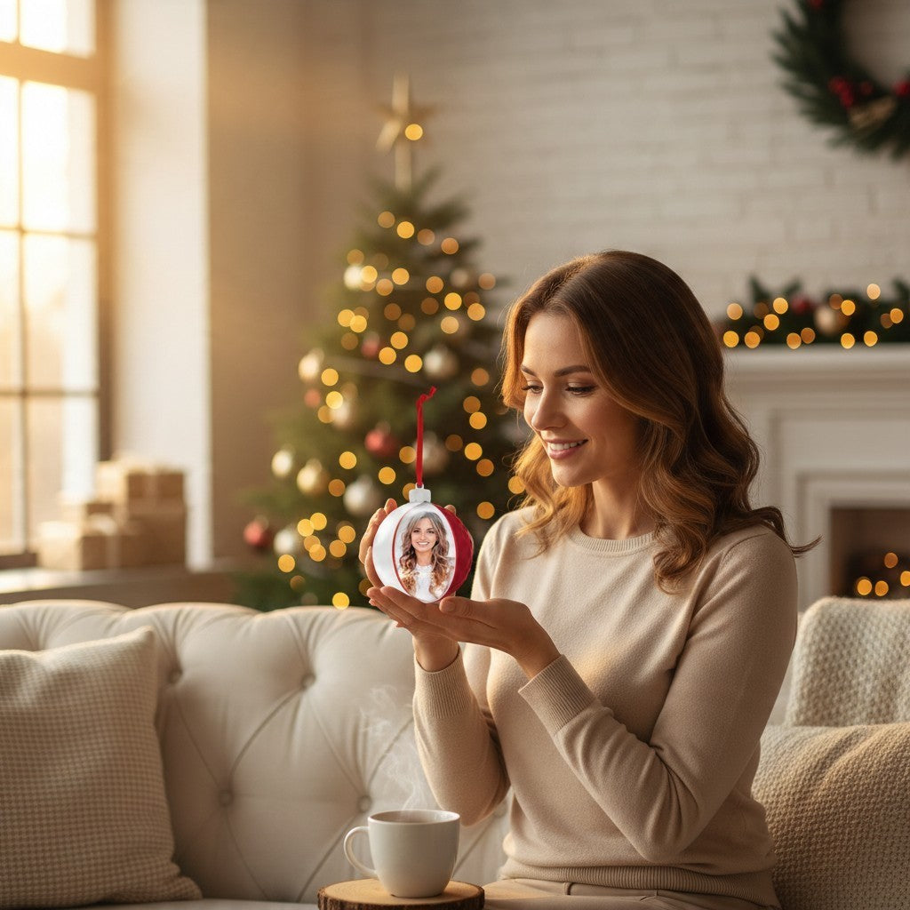 Donna sorridente tiene tra le mani una pallina di Natale FotoGrafica Photo Diamond rossa personalizzata con foto