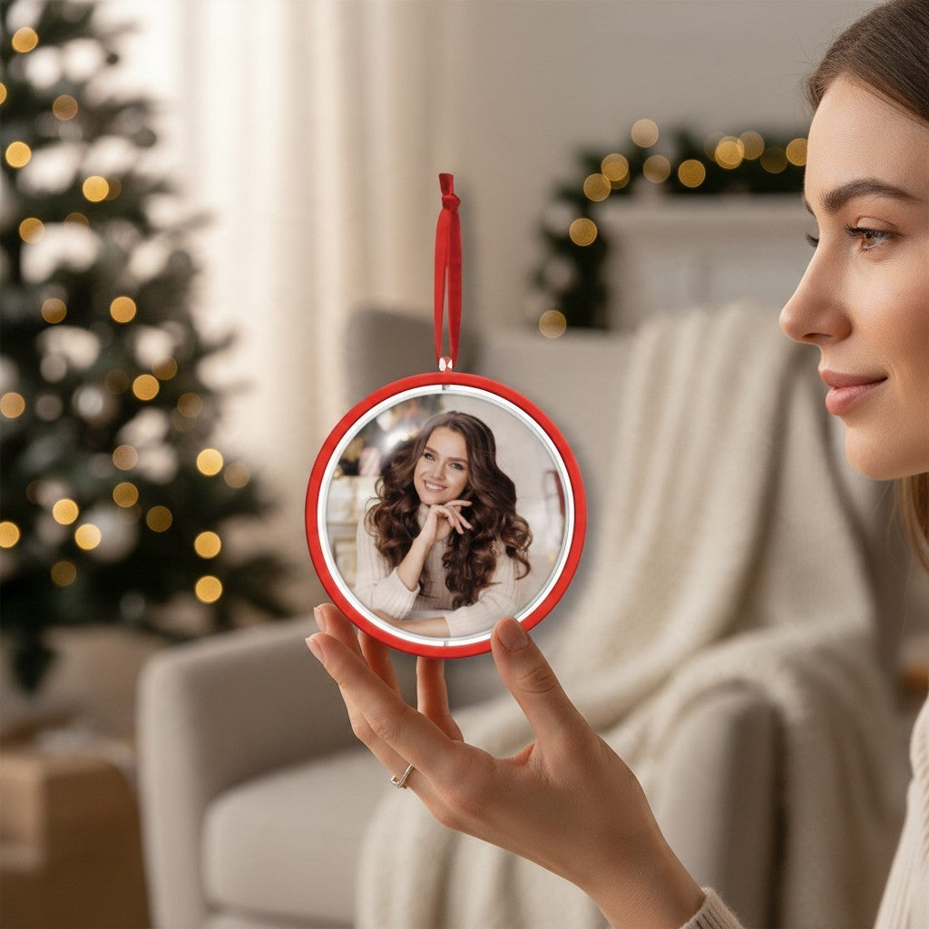 Donna che tiene una pallina di Natale FotoGrafica rossa personalizzabile con foto, decorazione per albero 10x10 cm